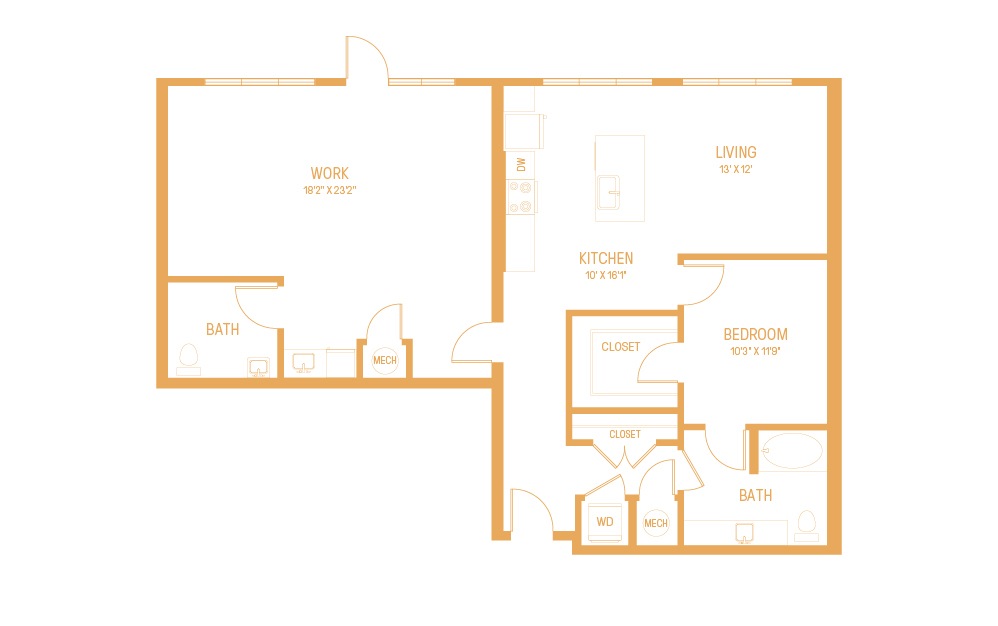W - 1 bedroom floorplan layout with 1 bath and 1339 square feet.