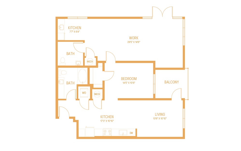 Y - 1 bedroom floorplan layout with 1 bath and 1258 square feet.