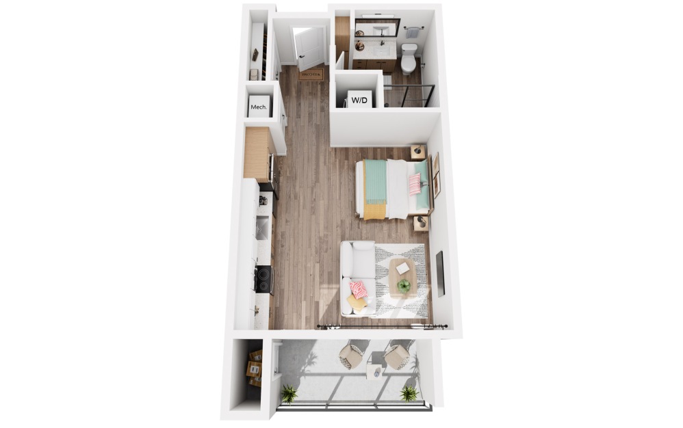 B - Studio floorplan layout with 1 bathroom and 535 square feet (3D)