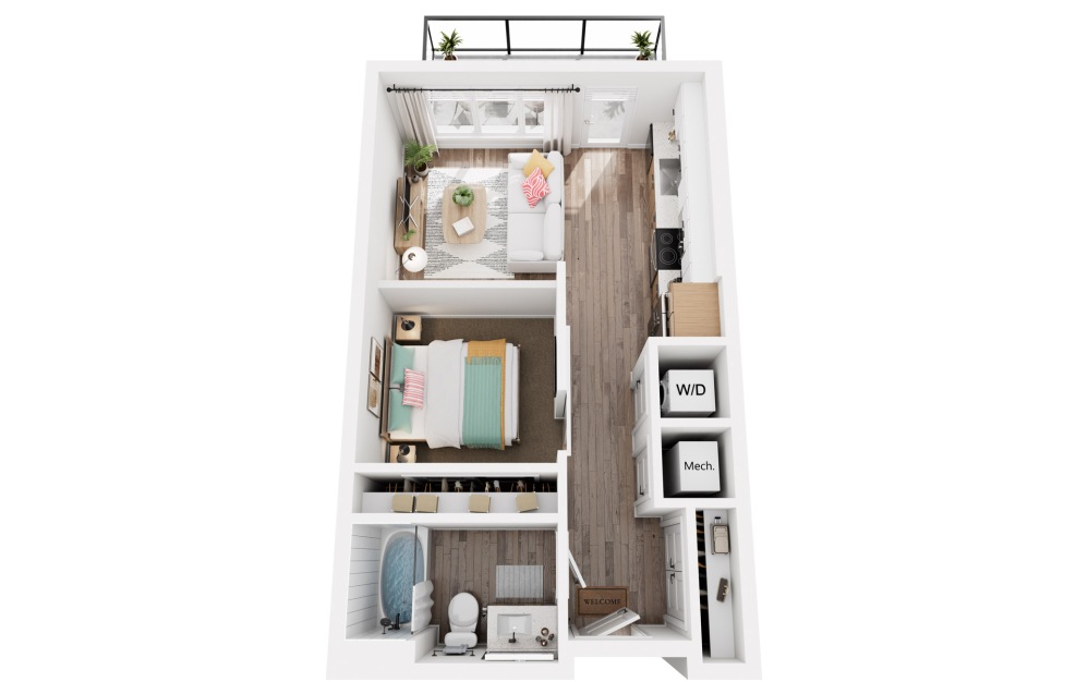C - 1 bedroom floorplan layout with 1 bathroom and 535 square feet (3D)