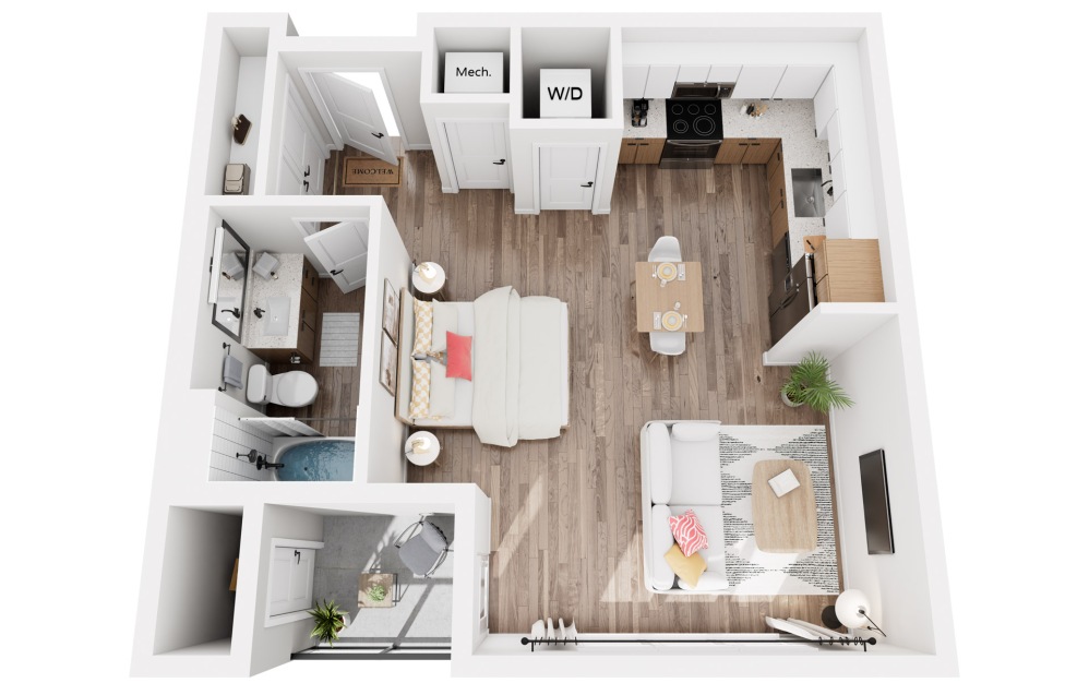 D - Studio floorplan layout with 1 bathroom and 531 square feet (3D)