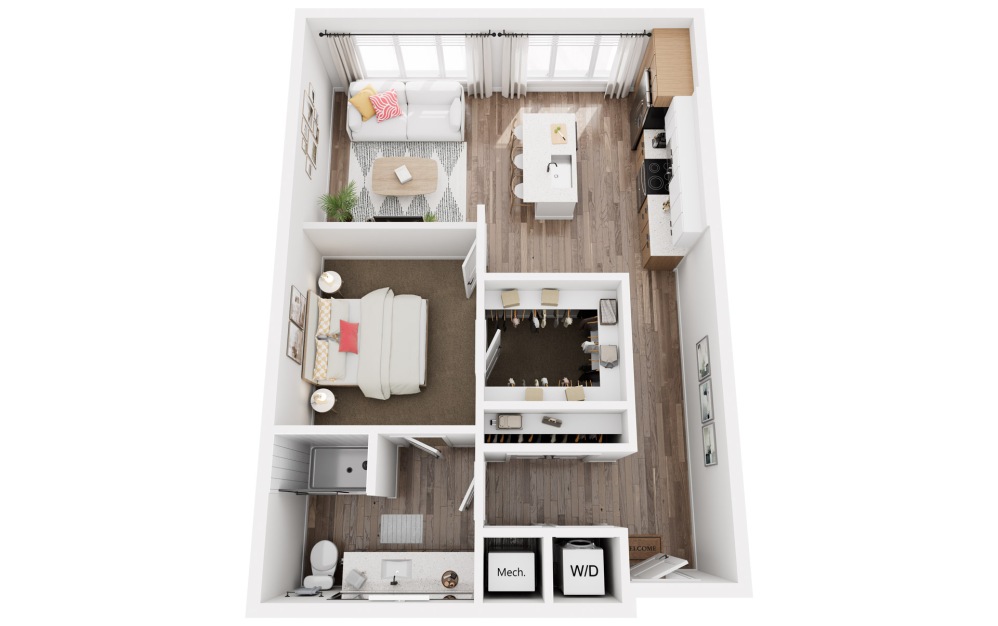 E - 1 bedroom floorplan layout with 1 bathroom and 811 square feet (3D)