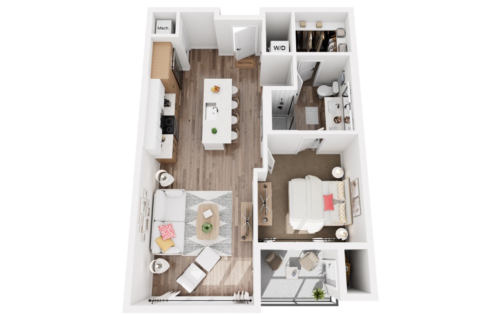 F - 1 bedroom floorplan layout with 1 bathroom and 744 square feet (3D)