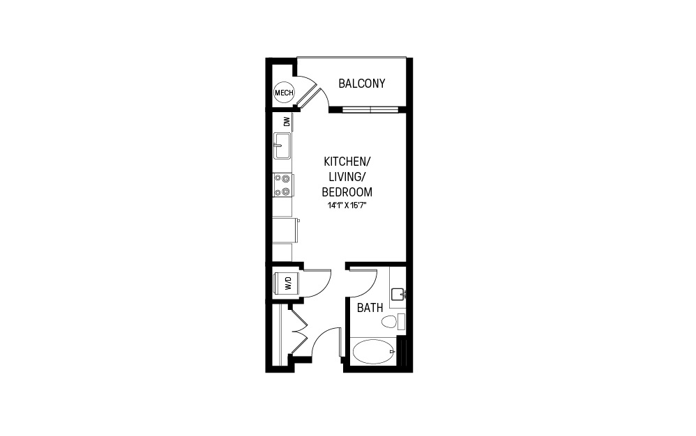 A - Studio floorplan layout with 1 bathroom and 407 square feet