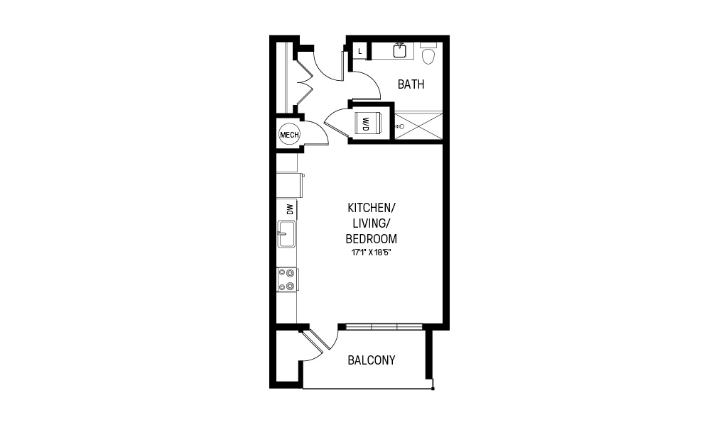 B - Studio floorplan layout with 1 bath and 535 square feet.