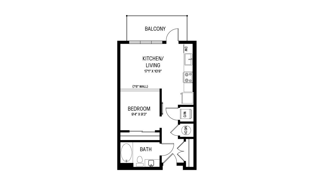 C - 1 bedroom floorplan layout with 1 bathroom and 535 square feet