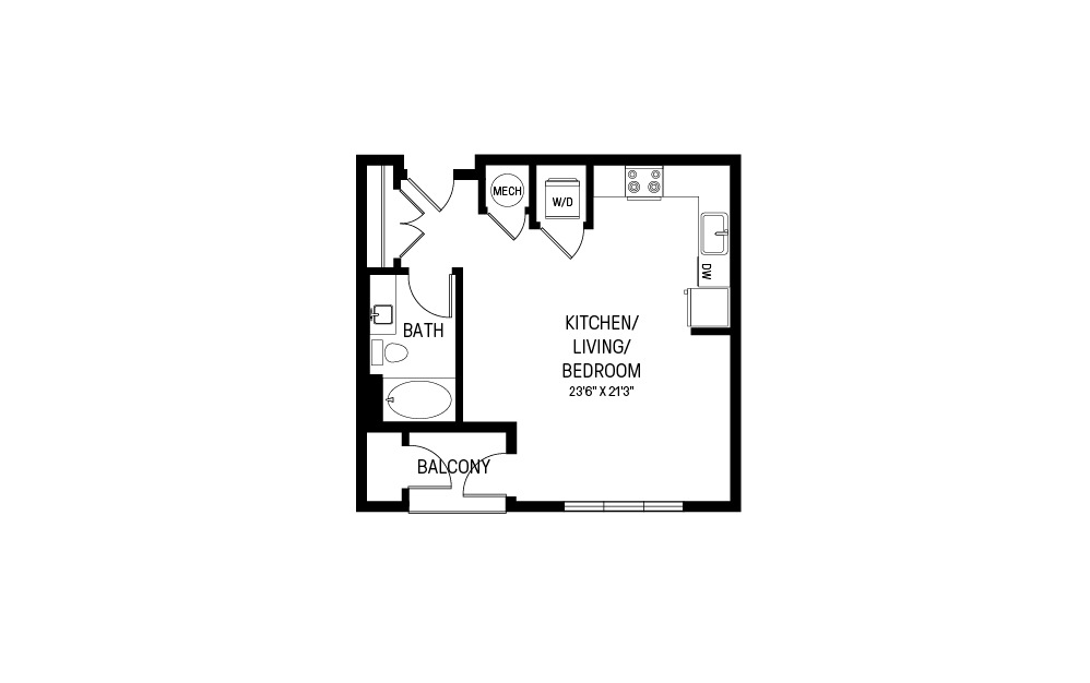 D - Studio floorplan layout with 1 bathroom and 531 square feet