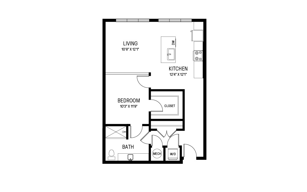 E - 1 bedroom floorplan layout with 1 bathroom and 811 square feet