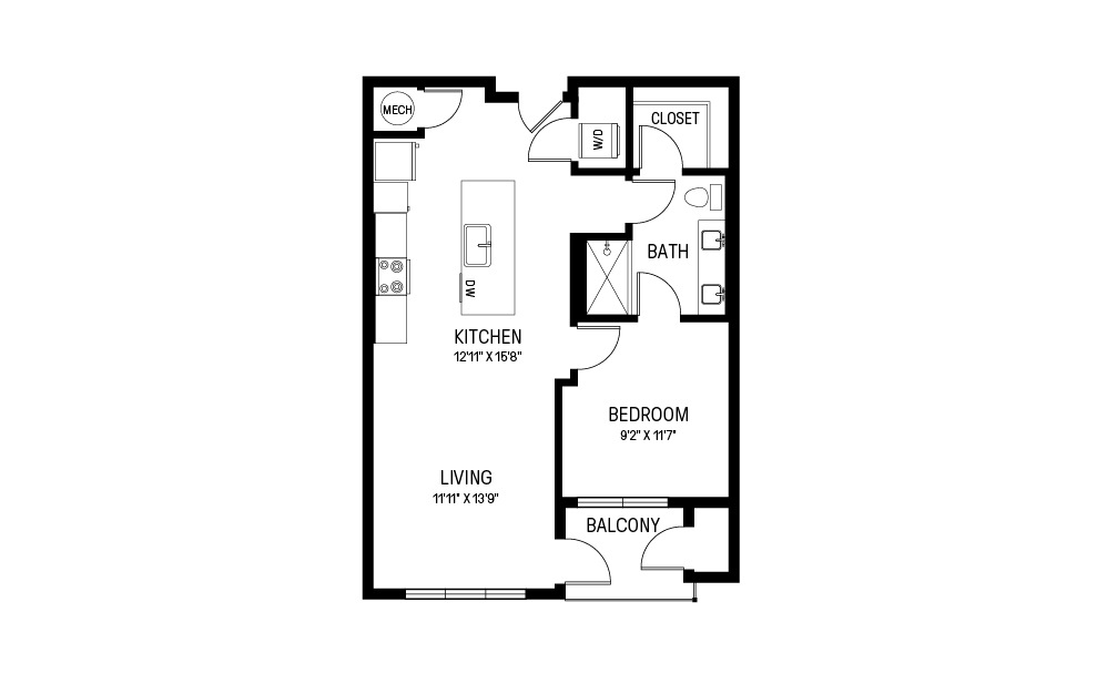 F - 1 bedroom floorplan layout with 1 bathroom and 744 square feet