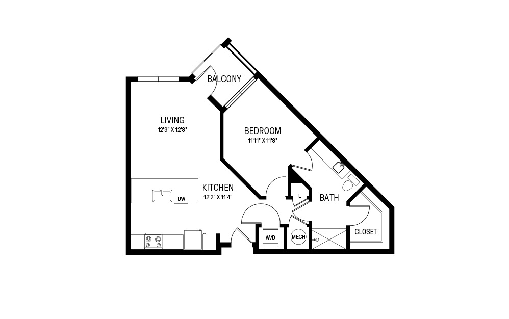 G - 1 bedroom floorplan layout with 1 bath and 744 square feet.