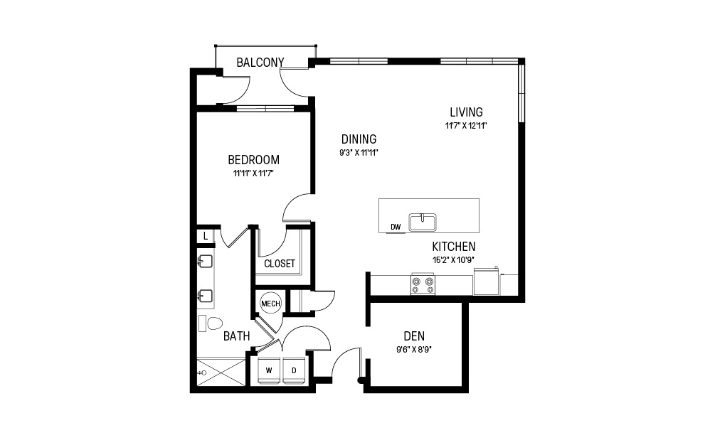 H - 1 bedroom floorplan layout with 1 bath and 1092 square feet.