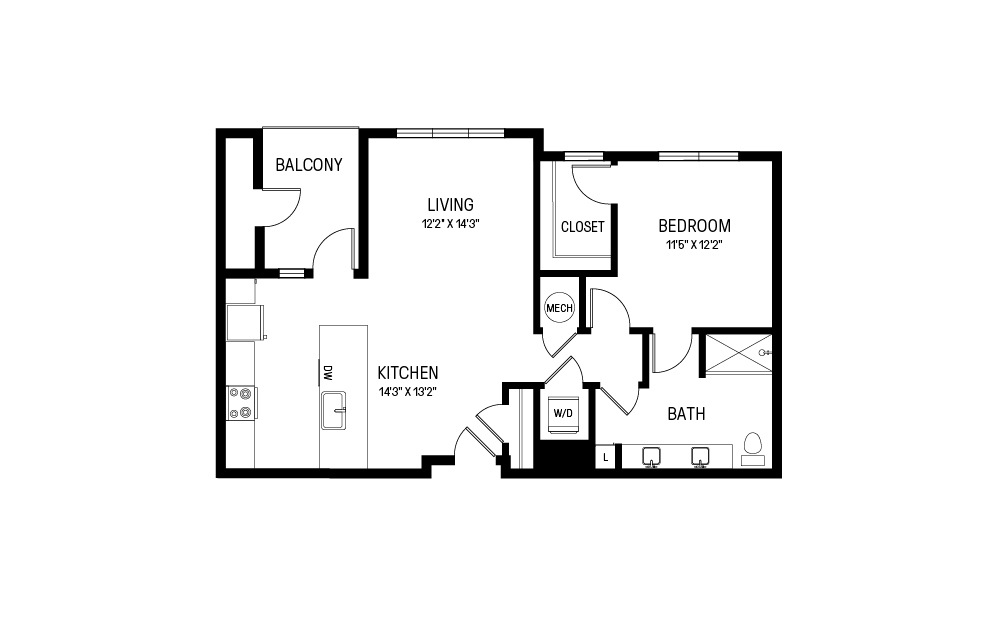 I - 1 bedroom floorplan layout with 1 bath and 887 square feet.