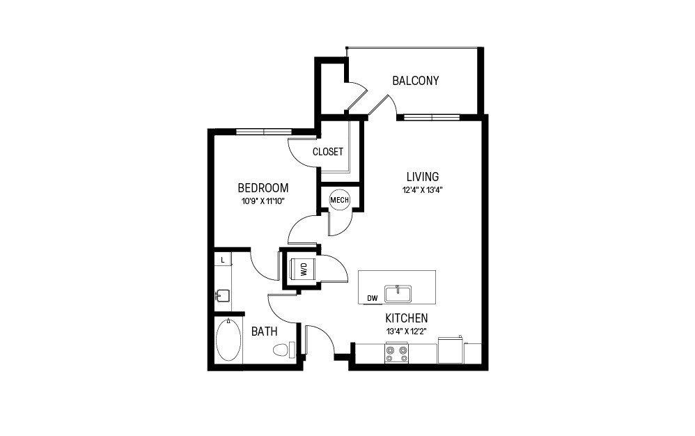 J - 1 bedroom floorplan layout with 1 bathroom and 743 square feet