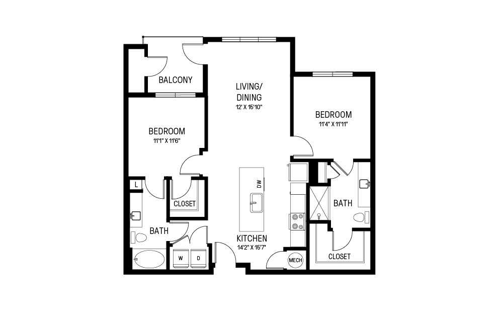 K - 2 bedroom floorplan layout with 2 bathrooms and 1072 square feet