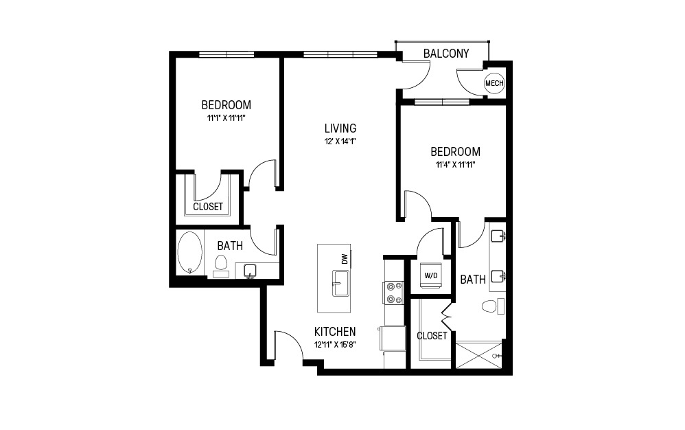 L - 2 bedroom floorplan layout with 2 baths and 1052 square feet.