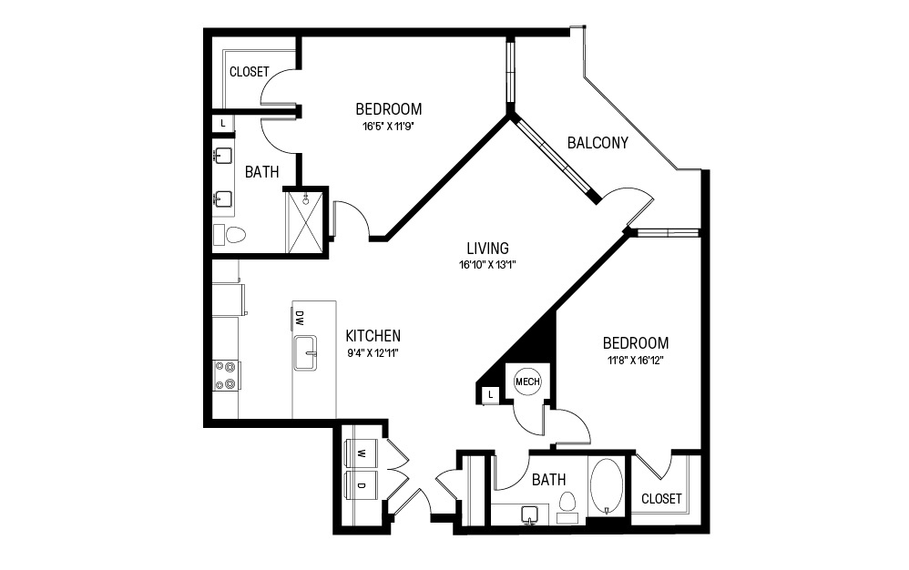 M - 2 bedroom floorplan layout with 2 baths and 1308 square feet.