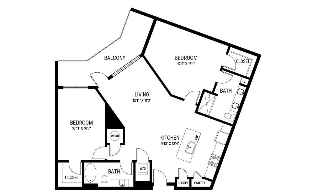 N - 2 bedroom floorplan layout with 2 baths and 1306 square feet.