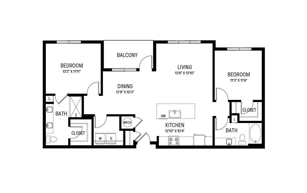 O - 2 bedroom floorplan layout with 2 baths and 1209 square feet.