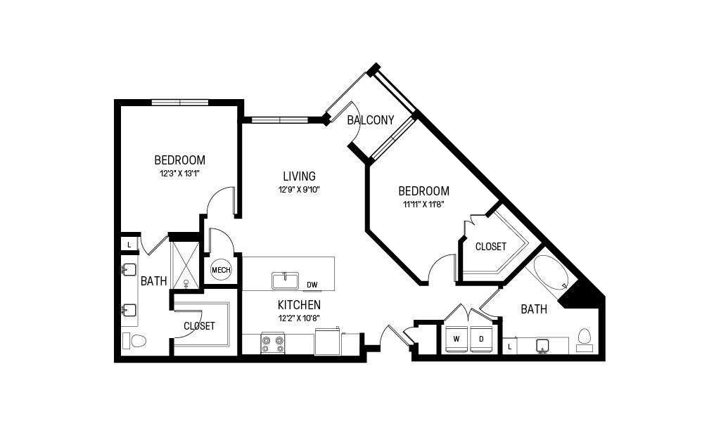 P - 2 bedroom floorplan layout with 2 baths and 1088 square feet.