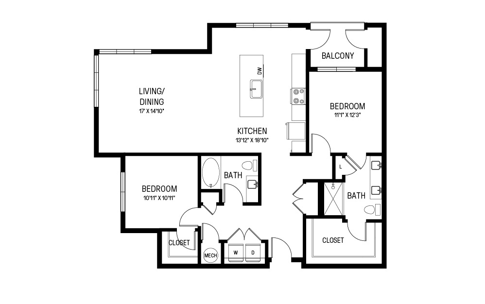 Q - 2 bedroom floorplan layout with 2 bathrooms and 1339 square feet