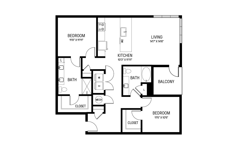 R - 2 bedroom floorplan layout with 2 bathrooms and 1239 square feet