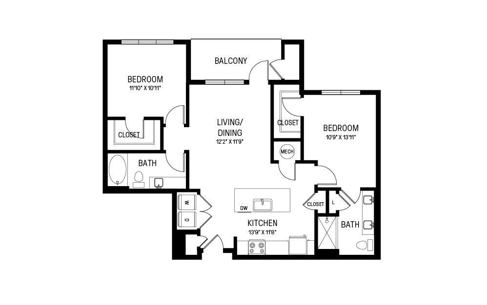 S - 2 bedroom floorplan layout with 2 baths and 1054 square feet.