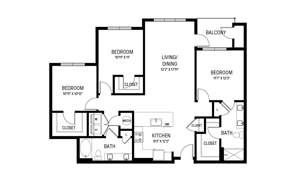 T - 3 bedroom floorplan layout with 2 bathrooms and 1393 square feet