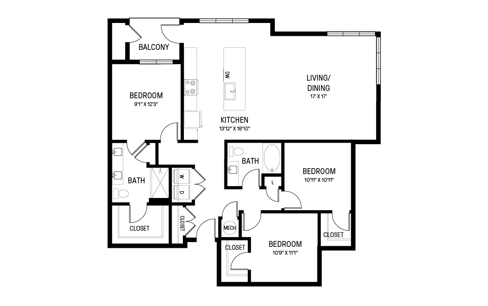 U - 3 bedroom floorplan layout with 2 bathrooms and 1508 square feet