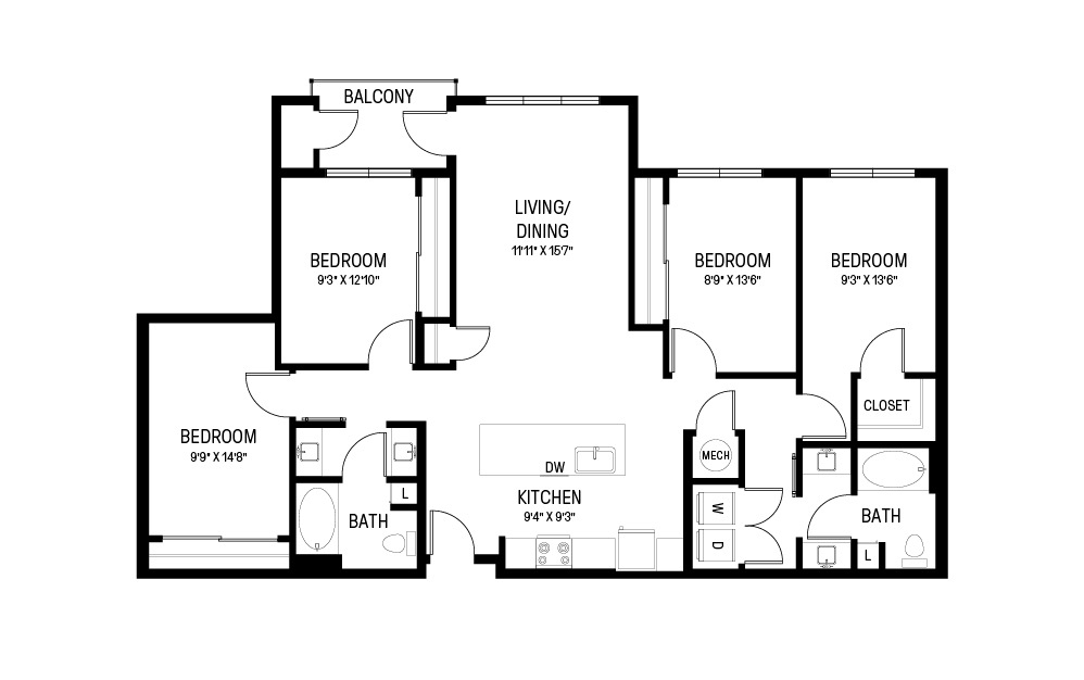 V - 4 bedroom floorplan layout with 2 bathrooms and 1510 square feet