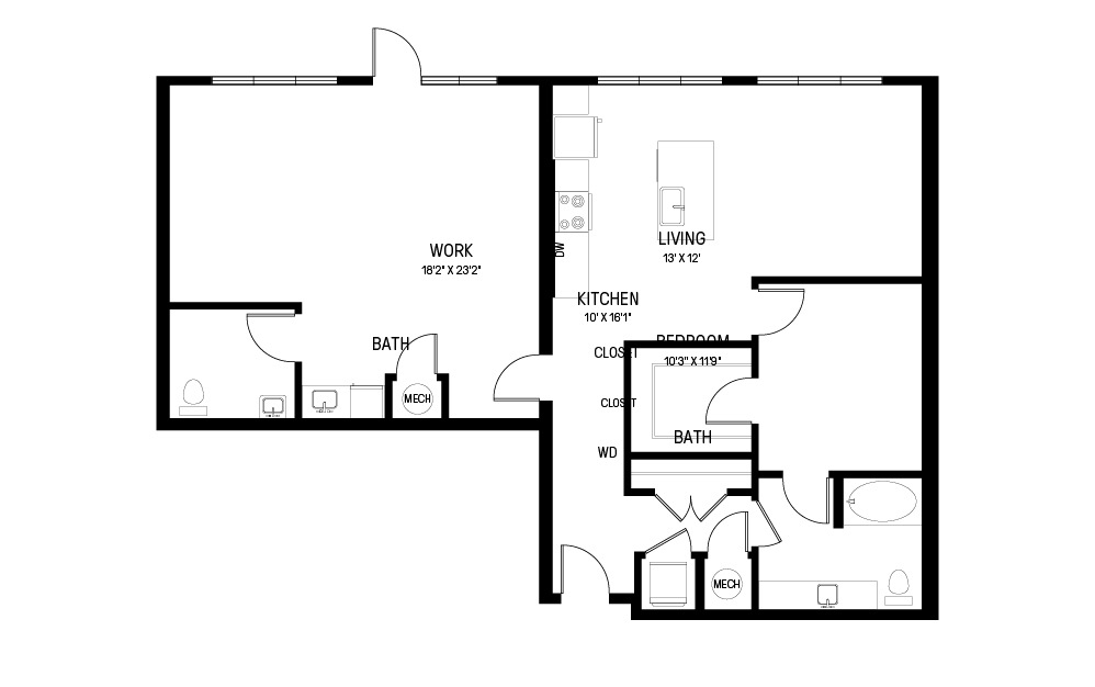 W - Live/Work - 1 bedroom floorplan layout with 1 bathroom and 1339 square feet