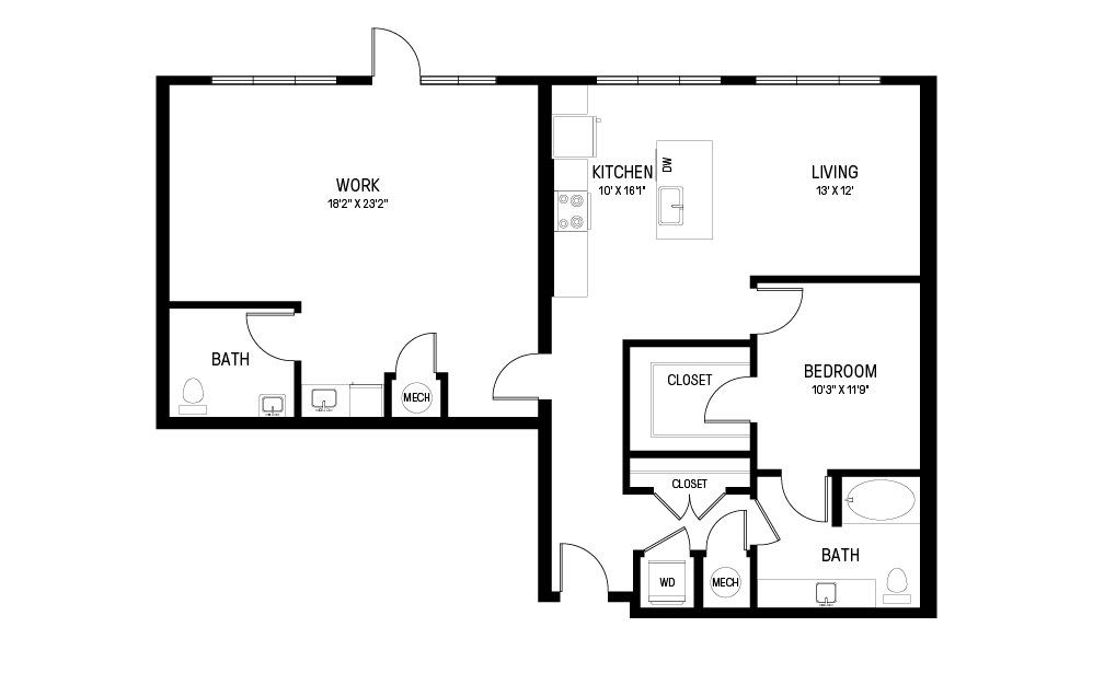 W - Live/Work - 1 bedroom floorplan layout with 1 bathroom and 1339 square feet