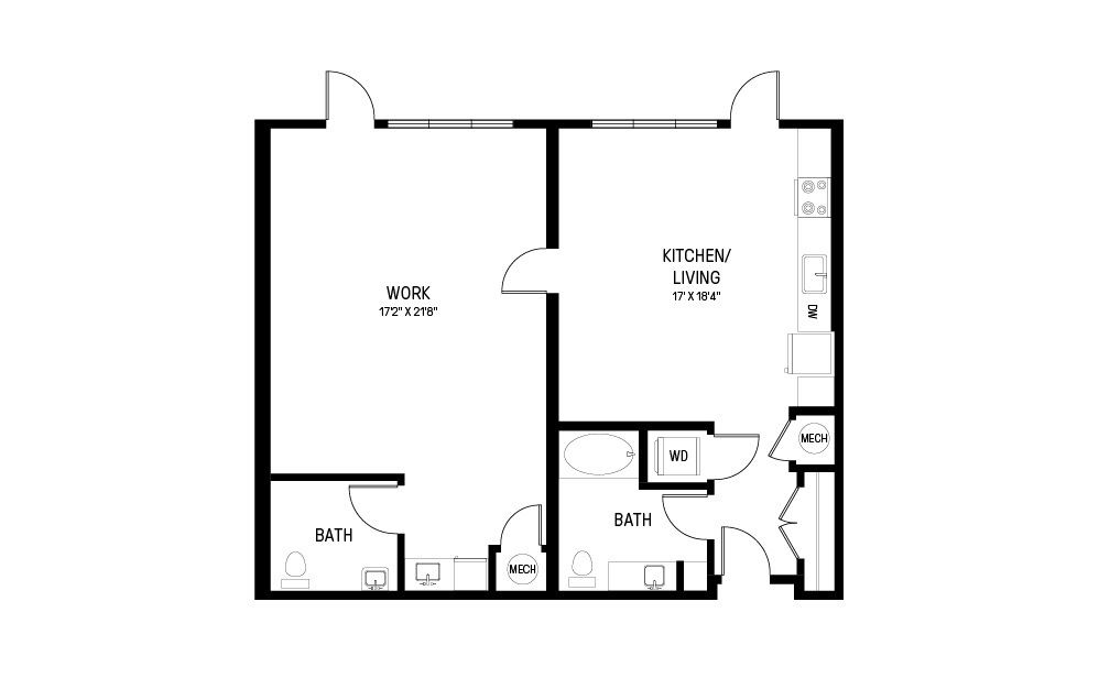 X - Live/Work - Studio floorplan layout with 1 bathroom and 1079 square feet