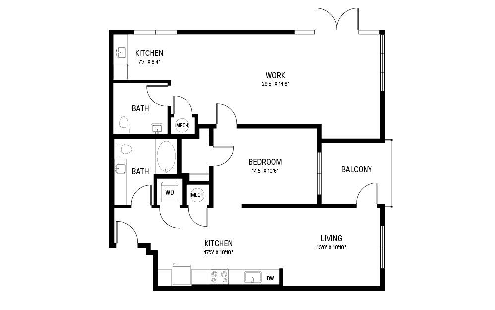 Y - Live/Work - 1 bedroom floorplan layout with 1 bathroom and 1258 square feet