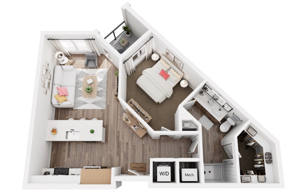 G - 1 bedroom floorplan layout with 1 bathroom and 744 square feet (3D)
