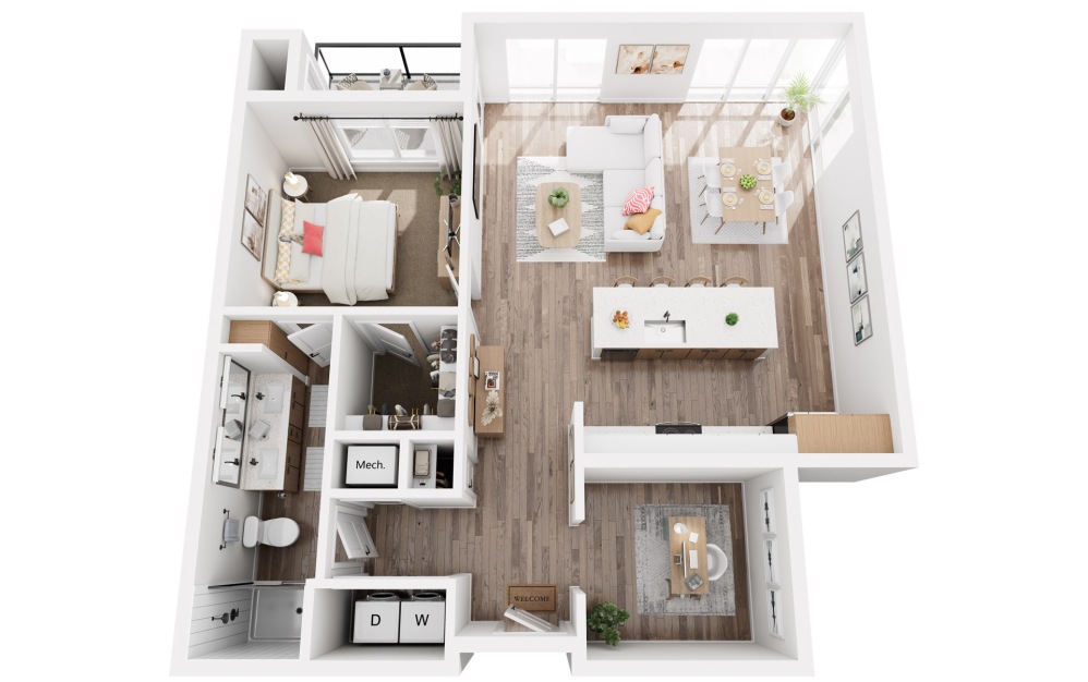 H - 1 bedroom floorplan layout with 1 bathroom and 1092 square feet (3D)