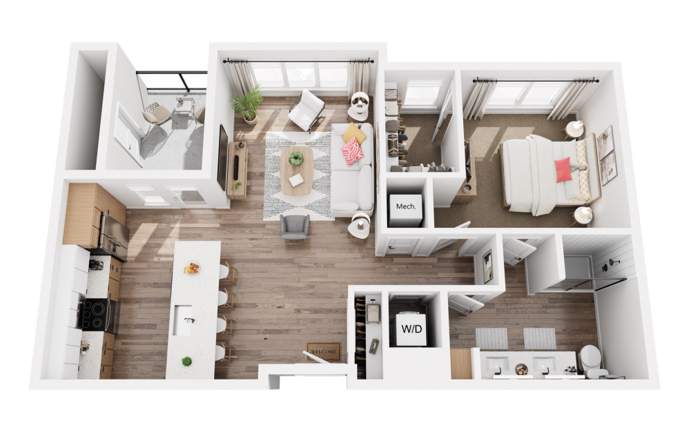 I - 1 bedroom floorplan layout with 1 bathroom and 887 square feet (3D)