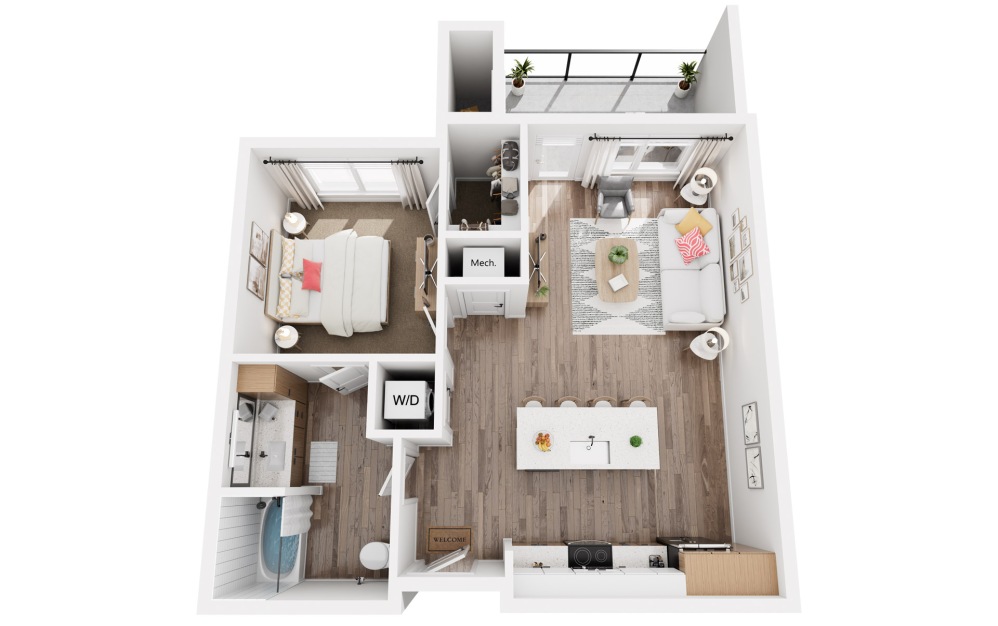 J - 1 bedroom floorplan layout with 1 bathroom and 743 square feet (3D)