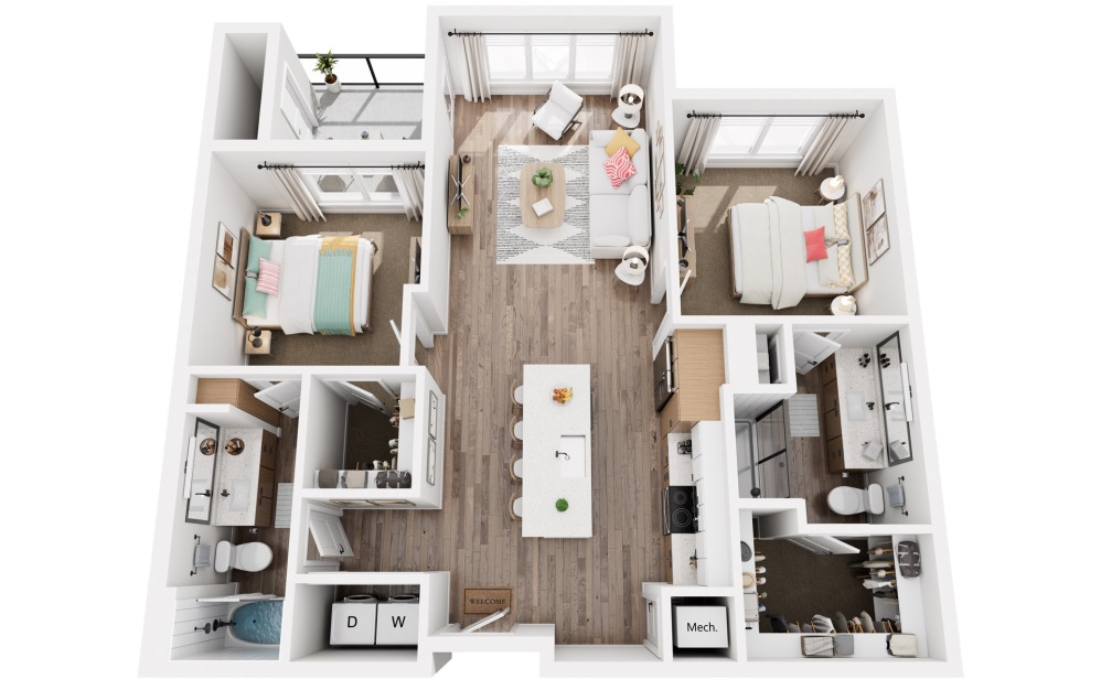 K - 2 bedroom floorplan layout with 2 bathrooms and 1072 square feet (3D)