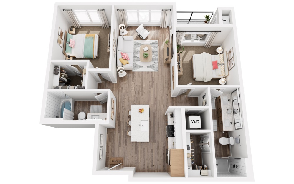 L - 2 bedroom floorplan layout with 2 bathrooms and 1052 square feet (3D)