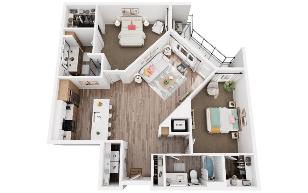 M - 2 bedroom floorplan layout with 2 bathrooms and 1308 square feet (3D)