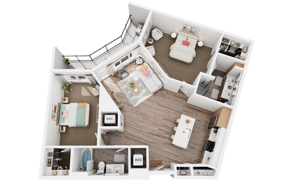 N - 2 bedroom floorplan layout with 2 bathrooms and 1306 square feet (3D)