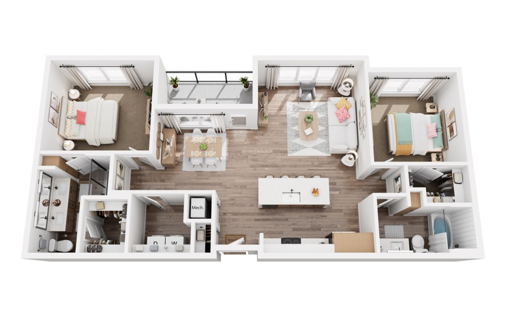 O - 2 bedroom floorplan layout with 2 bathrooms and 1209 square feet (3D)
