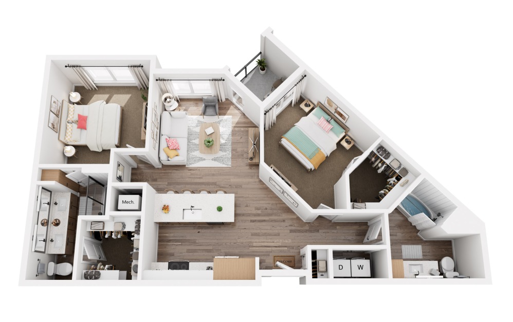 P - 2 bedroom floorplan layout with 2 bathrooms and 1088 square feet (3D)