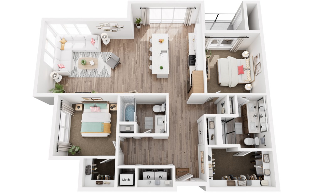Q - 2 bedroom floorplan layout with 2 bathrooms and 1339 square feet (3D)