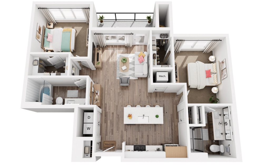 S - 2 bedroom floorplan layout with 2 bathrooms and 1054 square feet (3D)
