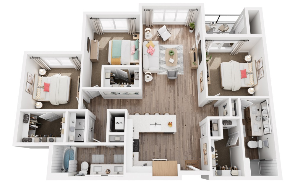 T - 3 bedroom floorplan layout with 2 bathrooms and 1393 square feet (3D)