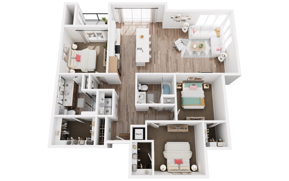 U - 3 bedroom floorplan layout with 2 bathrooms and 1508 square feet (3D)