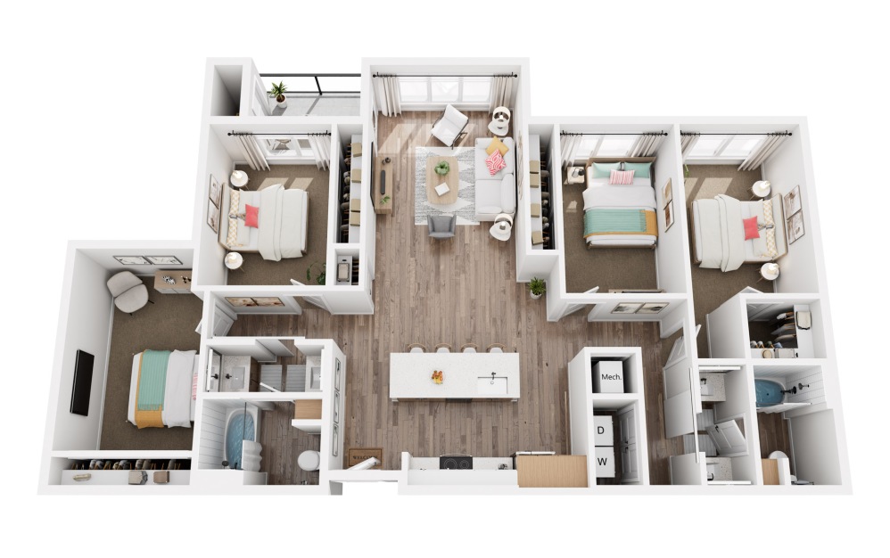 V - 4 bedroom floorplan layout with 2 bathrooms and 1510 square feet (3D)