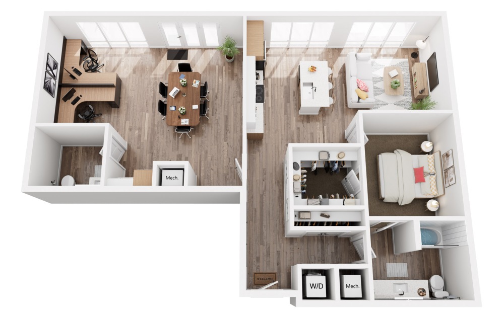 W - Live/Work - 1 bedroom floorplan layout with 1 bathroom and 1339 square feet (3D)