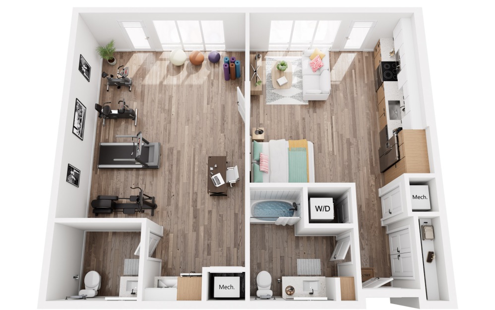 X - Live/Work - Studio floorplan layout with 1 bathroom and 1079 square feet (3D)
